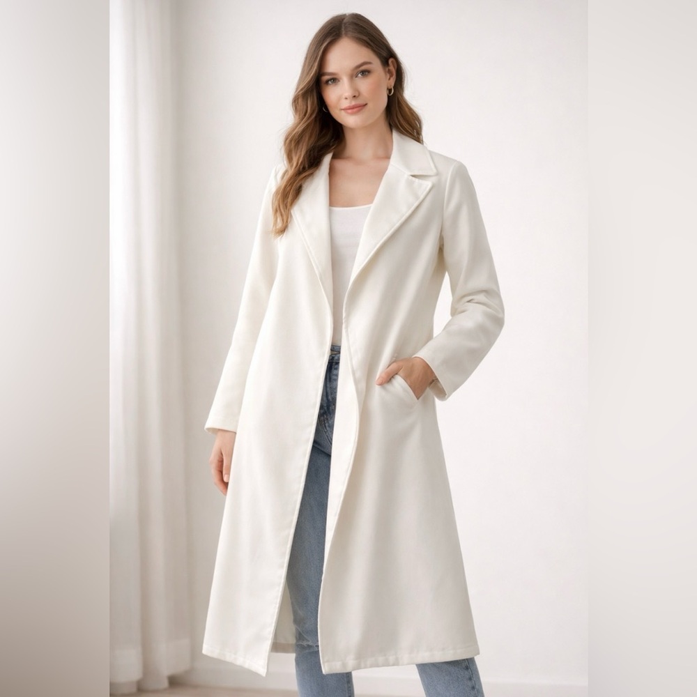 Custom White Long Open-Front Coat / sz medium large